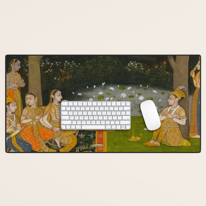 Princely ascetic in the forest visited by ladies c. 1760 Gum tempera and gold on paper Indian Miniature Painting  Desk Mat Gallery Image 1