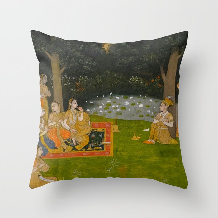 Princely ascetic in the forest visited by ladies c. 1760 Gum tempera and gold on paper Indian Miniature Painting  Throw Pillow Gallery Image 1