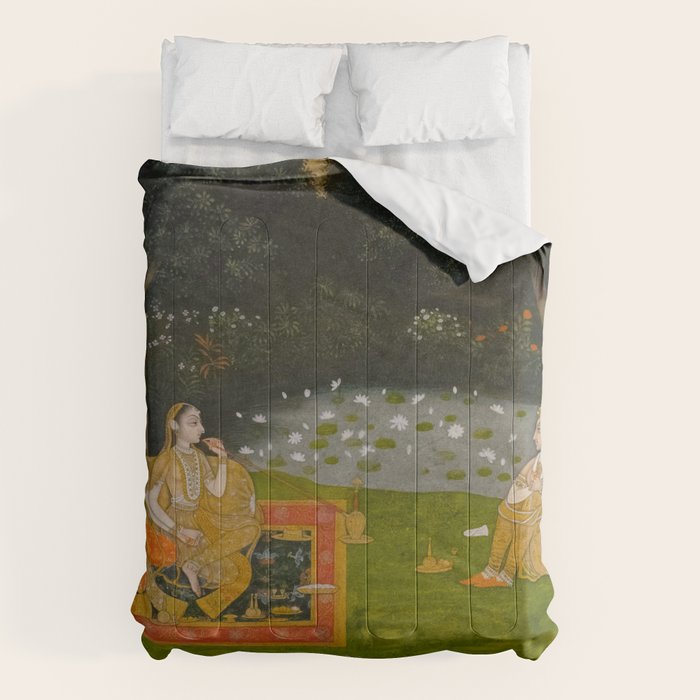 Princely ascetic in the forest visited by ladies c. 1760 Gum tempera and gold on paper Indian Miniature Painting  Comforter Gallery Image 1