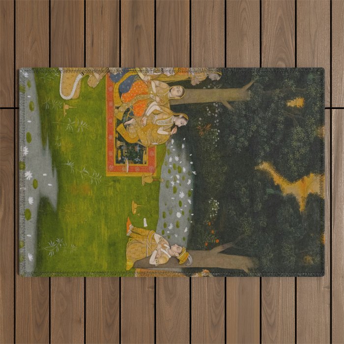 Princely ascetic in the forest visited by ladies c. 1760 Gum tempera and gold on paper Indian Miniature Painting  Outdoor Rug Gallery Image 1