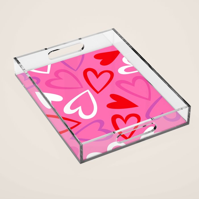 Pink love heart cartoon pattern Acrylic Tray Gallery Image 1