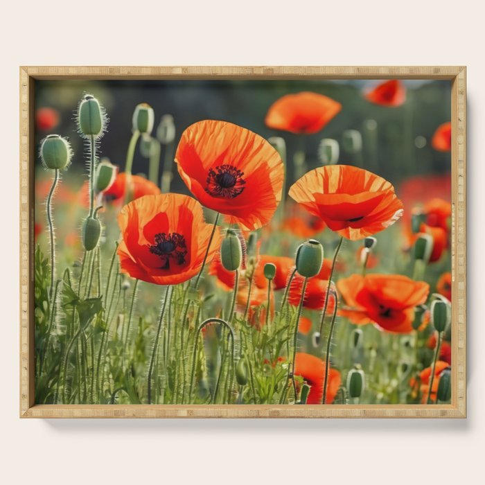 Red Poppy Garden Floral Landscape Serving Tray Gallery Image 1