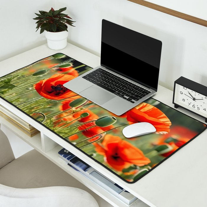 Red Poppy Garden Floral Landscape Desk Mat Gallery Image 2