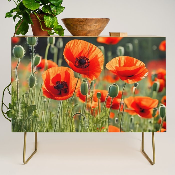 Red Poppy Garden Floral Landscape Credenza Gallery Image 1