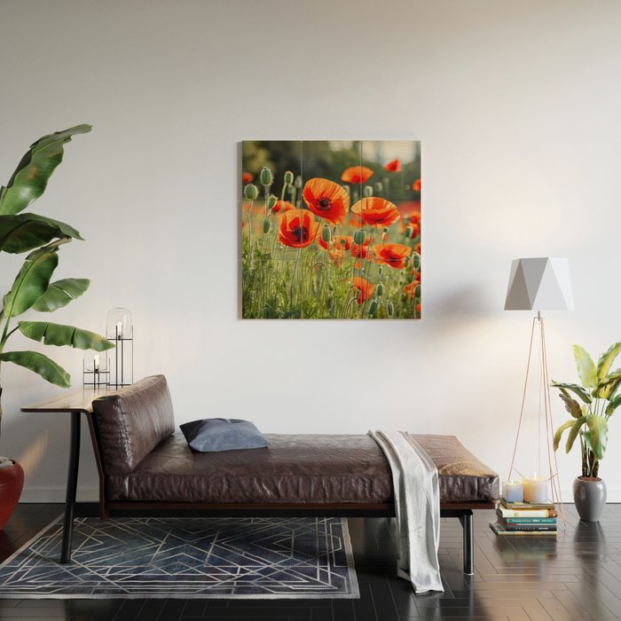 Red Poppy Garden Floral Landscape Wood Wall Art Gallery Image 2