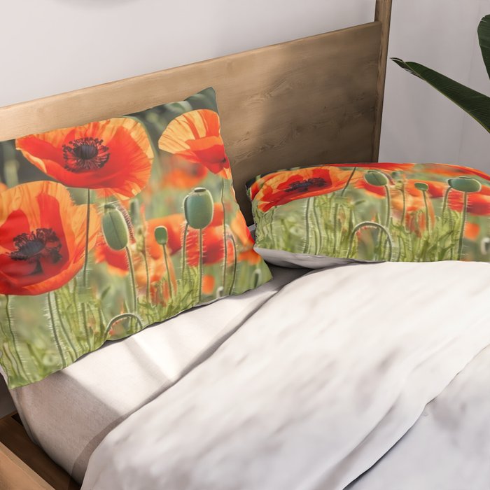 Red Poppy Garden Floral Landscape Pillow Sham Gallery Image 2
