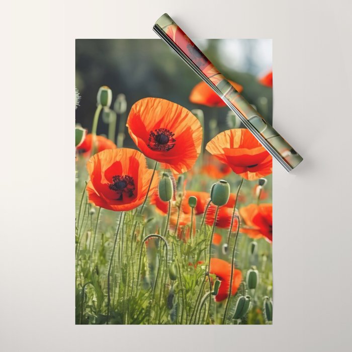 Red Poppy Garden Floral Landscape Wrapping Paper Gallery Image 1
