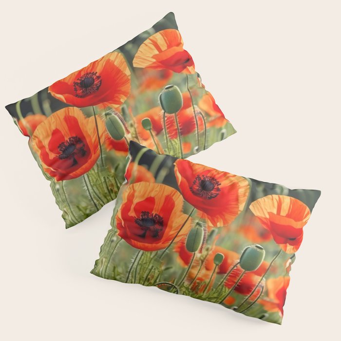 Red Poppy Garden Floral Landscape Pillow Sham Gallery Image 1