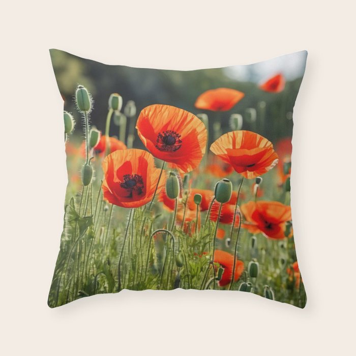 Red Poppy Garden Floral Landscape Throw Pillow Gallery Image 6