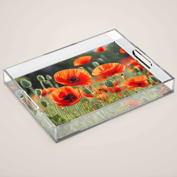 Red Poppy Garden Floral Landscape Acrylic Tray Gallery Image 1