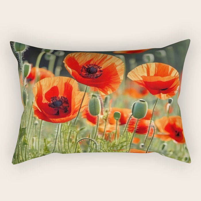 Red Poppy Garden Floral Landscape Rectangular Pillow Gallery Image 1