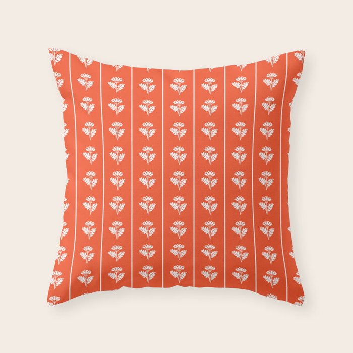 Vintage Cottage Flowers and Stripes Pattern in Orange Throw Pillow Gallery Image 6