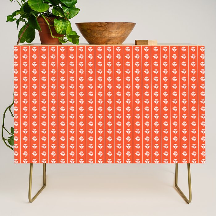 Vintage Cottage Flowers and Stripes Pattern in Orange Credenza Gallery Image 1