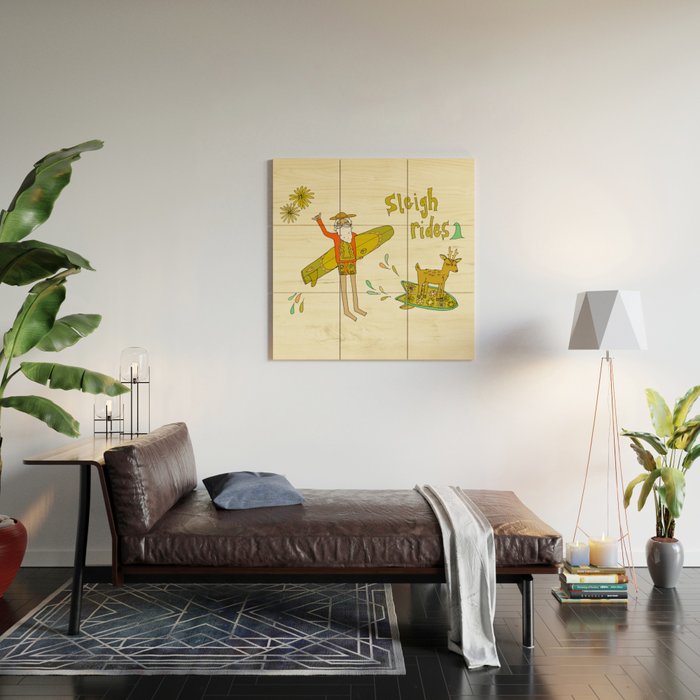 sleigh rides // surfing santa // retro surf art by surfy birdy Wood Wall Art Gallery Image 2