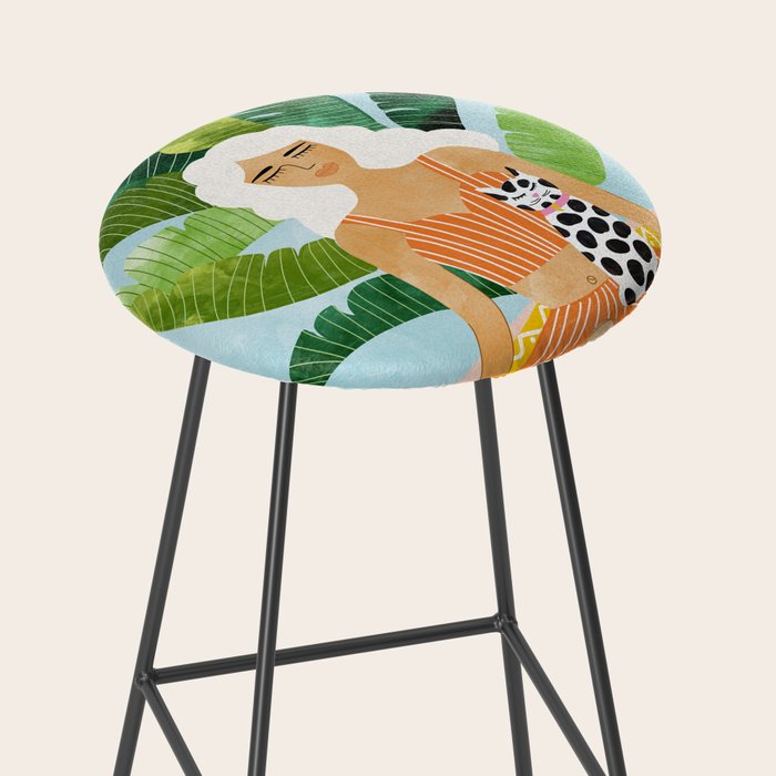 Meditation With Thy Cat Poster | Blonde Woman of Color | Tropical Banana Leaves Quirky Pet Workout  Stool Gallery Image 2