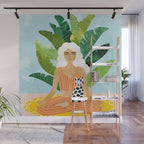 Meditation With Thy Cat Poster | Blonde Woman of Color | Tropical Banana Leaves Quirky Pet Workout  Wall Mural Gallery Image 1
