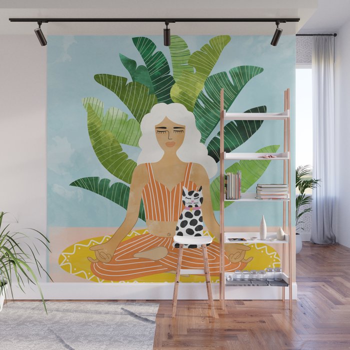 Meditation With Thy Cat Poster | Blonde Woman of Color | Tropical Banana Leaves Quirky Pet Workout  Wall Mural Gallery Image 1