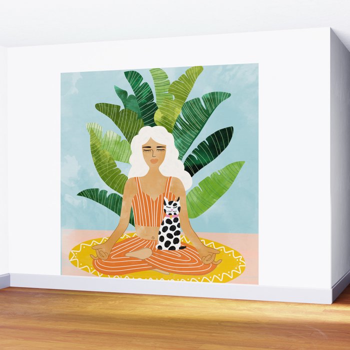 Meditation With Thy Cat Poster | Blonde Woman of Color | Tropical Banana Leaves Quirky Pet Workout  Wall Mural Gallery Image 2