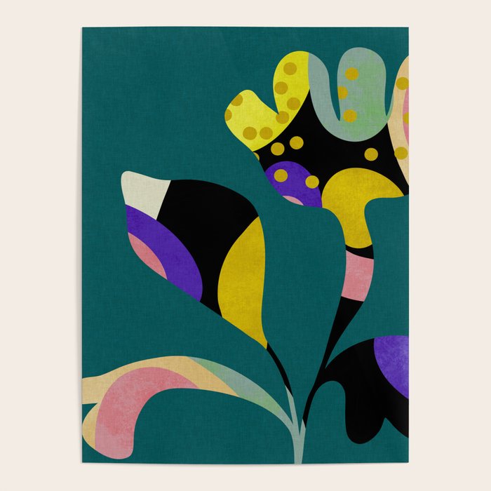 abstract whimsical flower on teal Poster Gallery Image 4