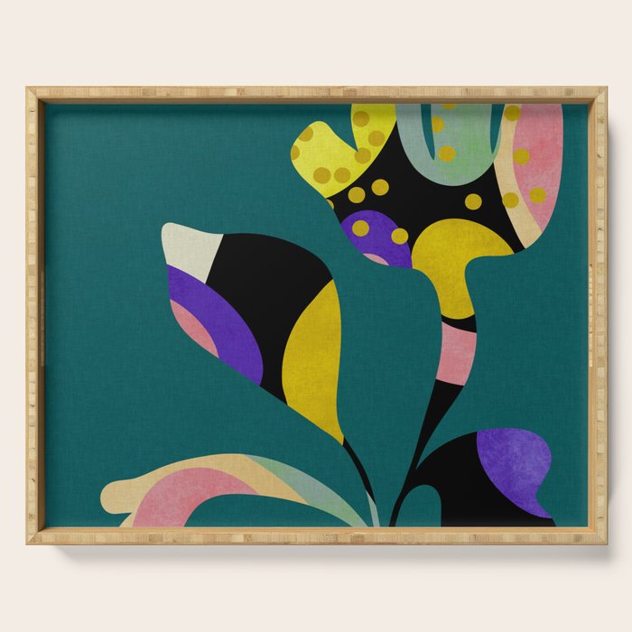 abstract whimsical flower on teal Serving Tray Gallery Image 1