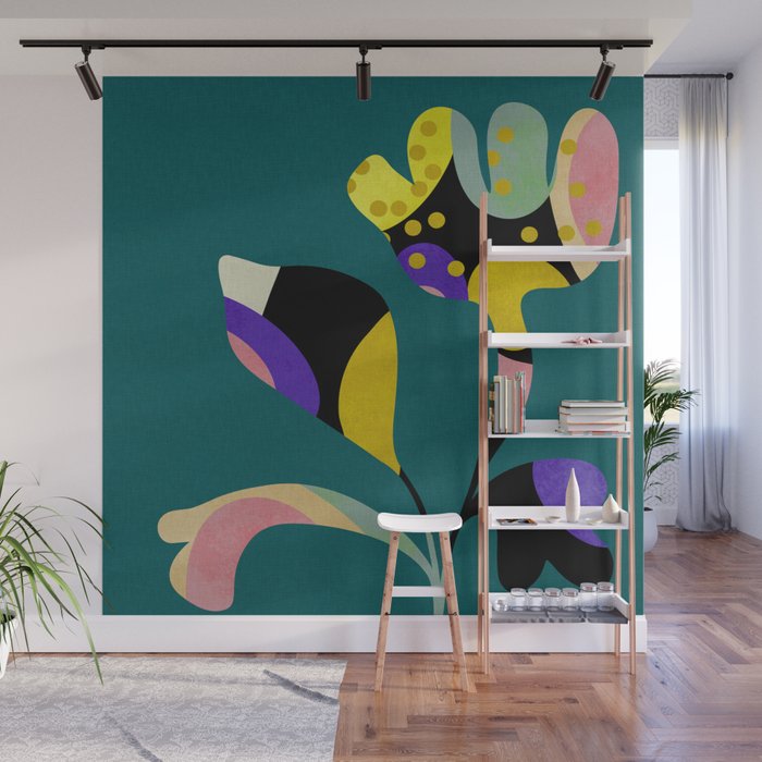 abstract whimsical flower on teal Wall Mural Gallery Image 1