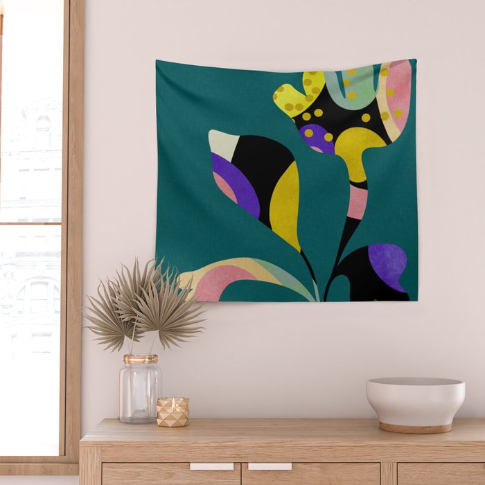 abstract whimsical flower on teal Wall Tapestry Gallery Image 2