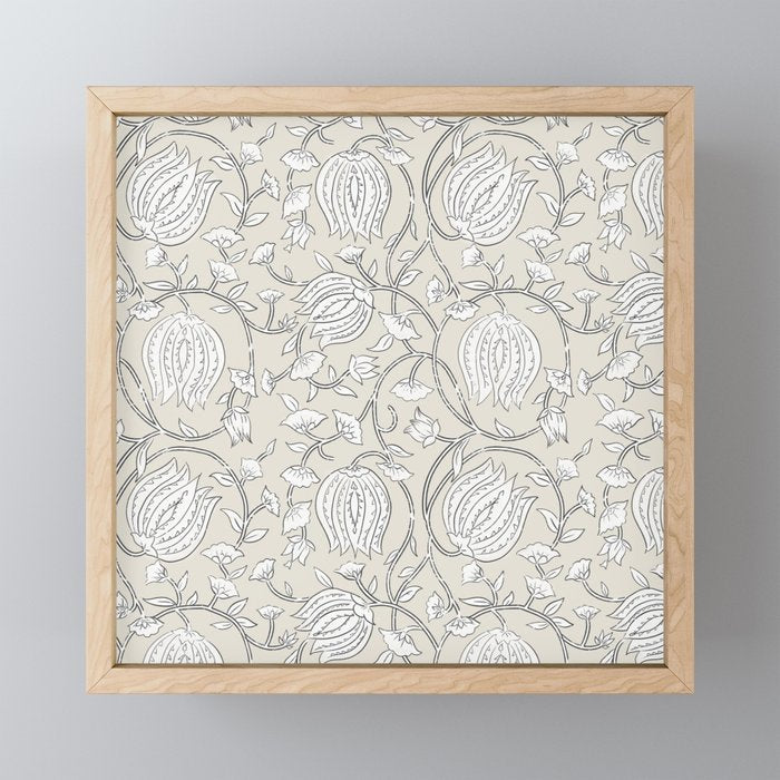 Lotus Block Print Floral - Beige White Mini Art Print Gallery Image 1