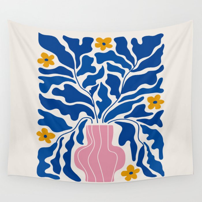 Summer Bloom: Electric Blue Leaves & Golden Poppies Wall Tapestry Gallery Image 4