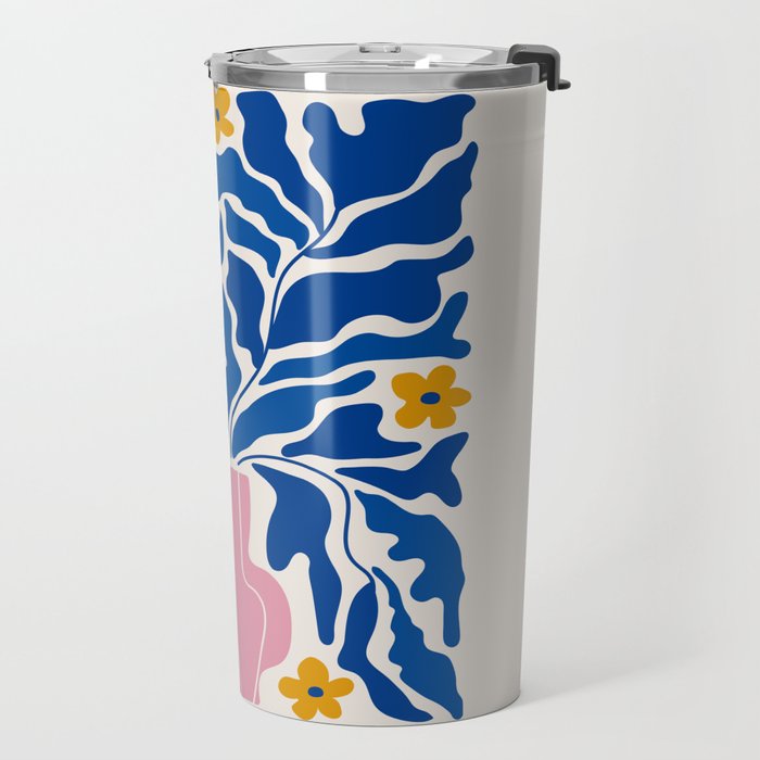 Summer Bloom: Electric Blue Leaves & Golden Poppies Travel Mug Gallery Image 2