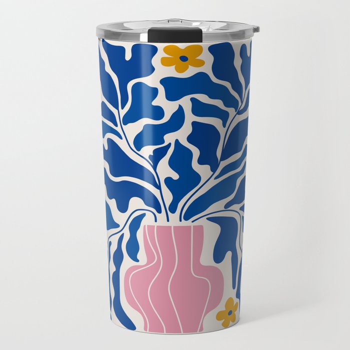Summer Bloom: Electric Blue Leaves & Golden Poppies Travel Mug Gallery Image 1