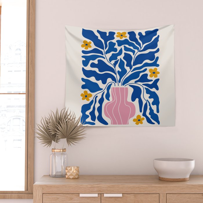 Summer Bloom: Electric Blue Leaves & Golden Poppies Wall Tapestry Gallery Image 2