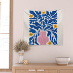 Summer Bloom: Electric Blue Leaves & Golden Poppies Wall Tapestry Gallery Image 2