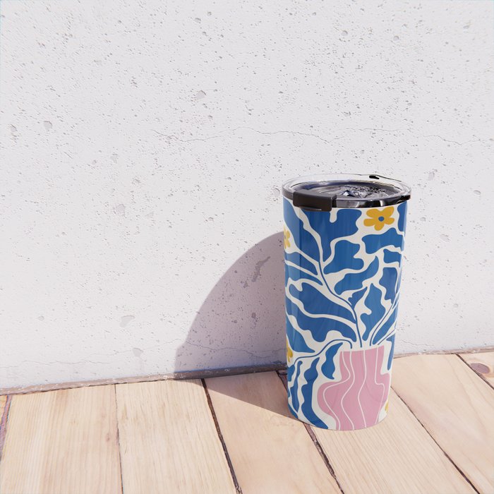 Summer Bloom: Electric Blue Leaves & Golden Poppies Travel Mug Gallery Image 4