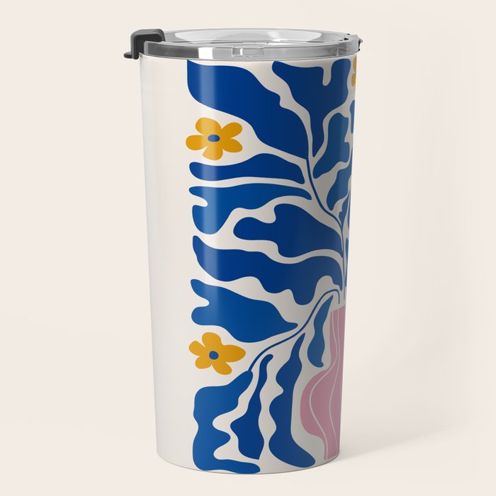 Summer Bloom: Electric Blue Leaves & Golden Poppies Travel Mug Gallery Image 3