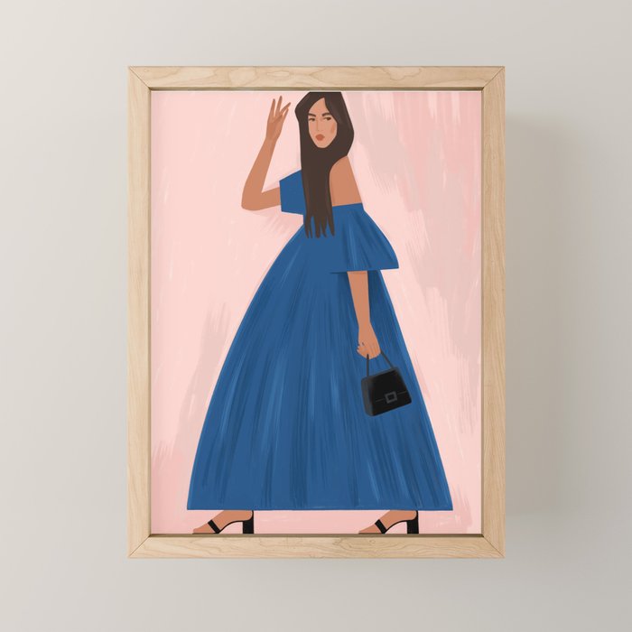 illustration of an elegant girl in a blue dress Mini Art Print Gallery Image 1