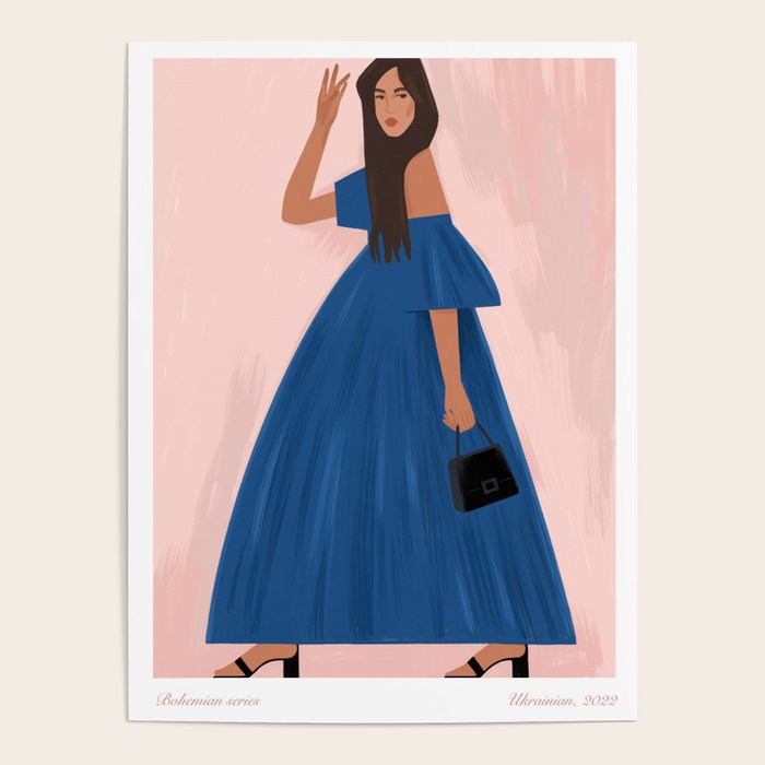 illustration of an elegant girl in a blue dress Poster Gallery Image 4