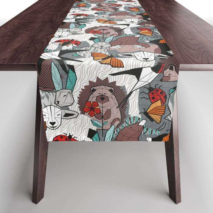 Geo spring animal party // green grey linen texture background brown aqua mint orange and neon red details Table Runner Gallery Image 1