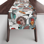 Geo spring animal party // green grey linen texture background brown aqua mint orange and neon red details Table Runner Gallery Image 1