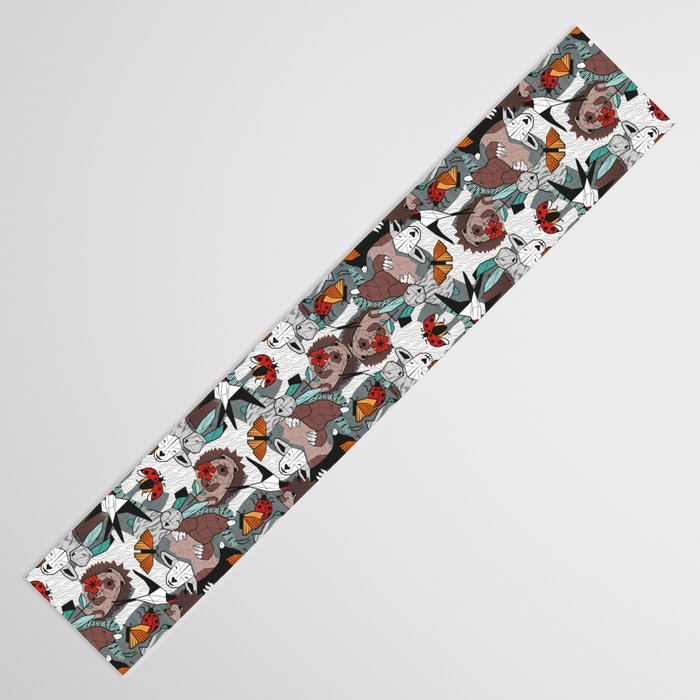 Geo spring animal party // green grey linen texture background brown aqua mint orange and neon red details Table Runner Gallery Image 3