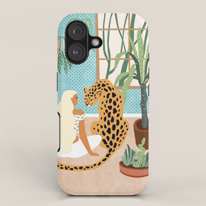 Urban Jungle Illustration, Tiger Home Decor, Woman & Modern Bohemian Wildlife Painting iPhone Case Gallery Image 1