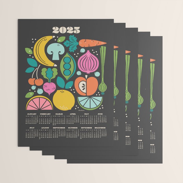 Fruit and Veggies 2025 Calendar - Muli-color on black Wrapping Paper Gallery Image 3