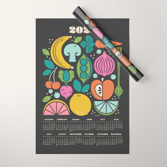 Fruit and Veggies 2025 Calendar - Muli-color on black Wrapping Paper Gallery Image 1