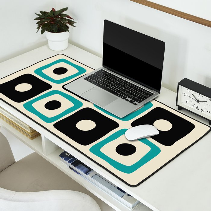Mid Century Modern Square Dot Pattern 593 Black and Turquoise Desk Mat Gallery Image 2