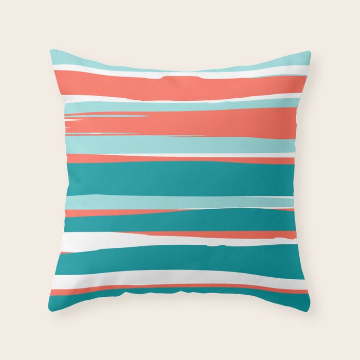 Colorful Stripes, Coral, Teal and Aqua Throw Pillow Gallery Image 1
