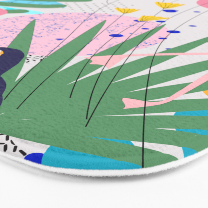 Tropical Spring | Pastel Quirky Modern Bohemian Jungle Botanical | Flamingo Palm Cockatoo Birds Bath Mat Gallery Image 3