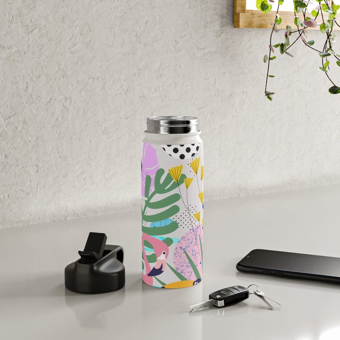 Tropical Spring | Pastel Quirky Modern Bohemian Jungle Botanical | Flamingo Palm Cockatoo Birds Water Bottle Gallery Image 4