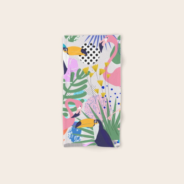 Tropical Spring | Pastel Quirky Modern Bohemian Jungle Botanical | Flamingo Palm Cockatoo Birds Bath Towel Gallery Image 1