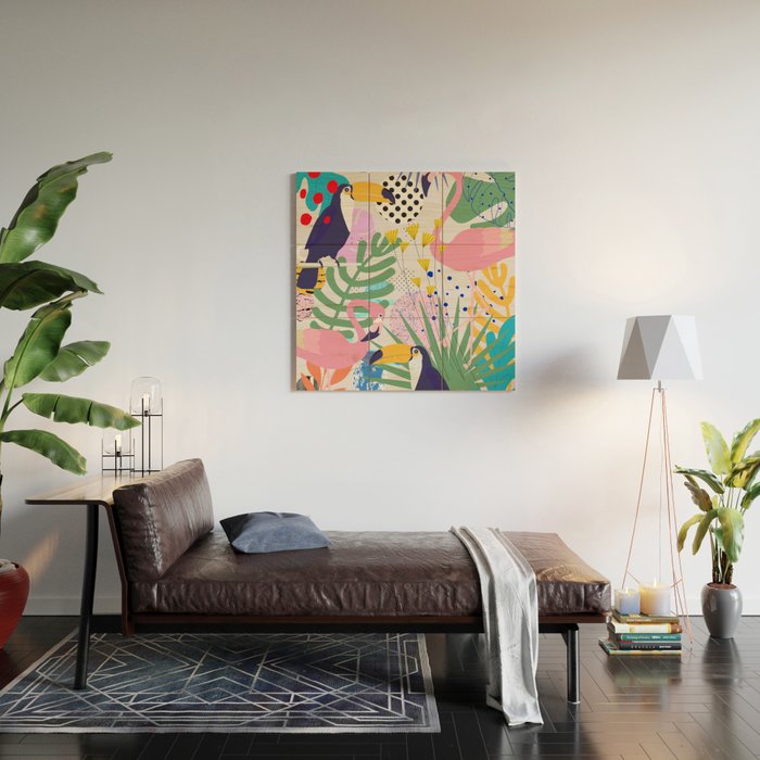 Tropical Spring | Pastel Quirky Modern Bohemian Jungle Botanical | Flamingo Palm Cockatoo Birds Wood Wall Art Gallery Image 2