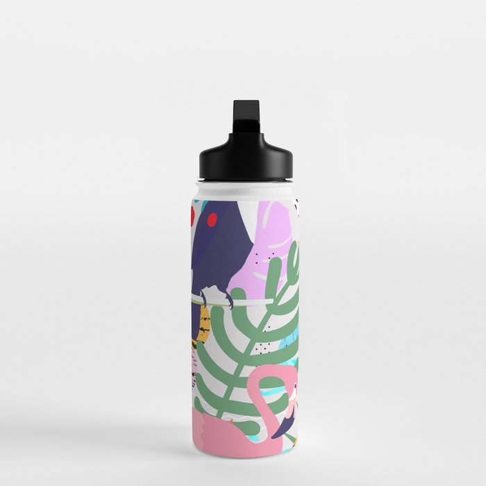 Tropical Spring | Pastel Quirky Modern Bohemian Jungle Botanical | Flamingo Palm Cockatoo Birds Water Bottle Gallery Image 3