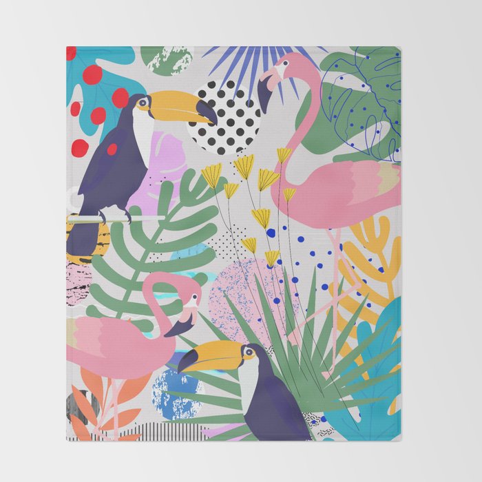 Tropical Spring | Pastel Quirky Modern Bohemian Jungle Botanical | Flamingo Palm Cockatoo Birds Throw Blanket Gallery Image 2